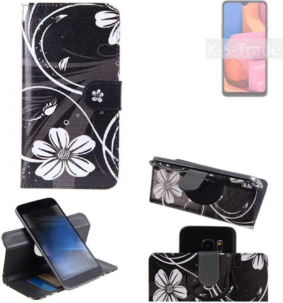 K-S-Trade Schutzhülle Handyhülle kompatibel mit Samsung Galaxy A20s Hülle 360° Wallet Case ''Flowers'' Klapphülle Hülle schwarz-weiß 1x