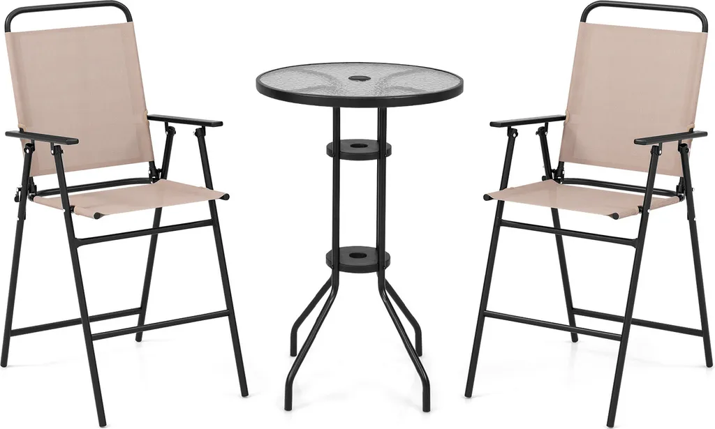 COSTWAY Ensemble bistrot 3 pièces beige avec table en verre trempé