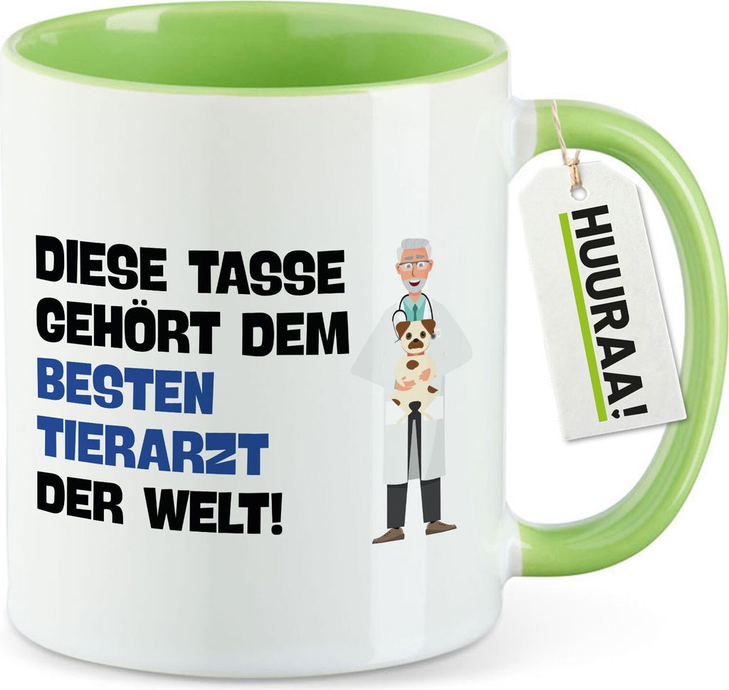 Huuraa Kaffeetasse Tasse gehört dem besten Tierarzt der Welt 330ml Grün Keramik Kaffeebecher Geschenkidee