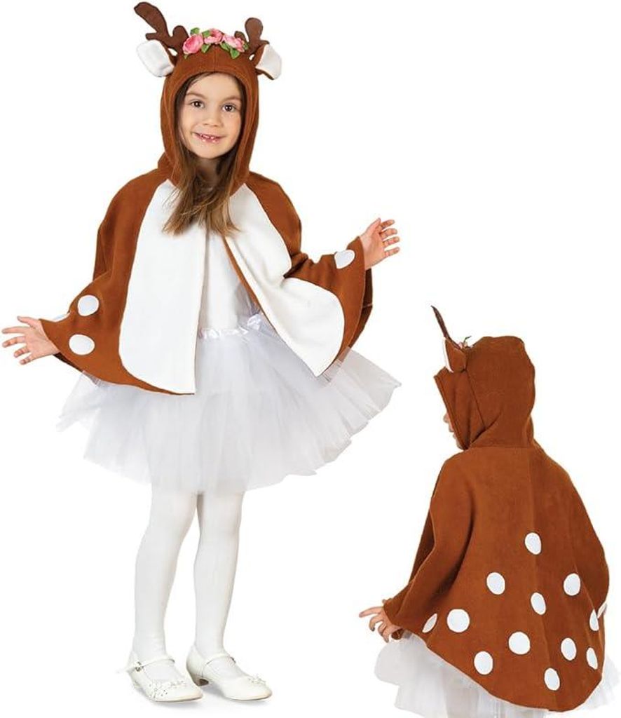 Kostüm Outfit Cape Rehlein Rentier Umhang Waldtier mit Kapuze und Ohren und Geweih für Kinder (98)
