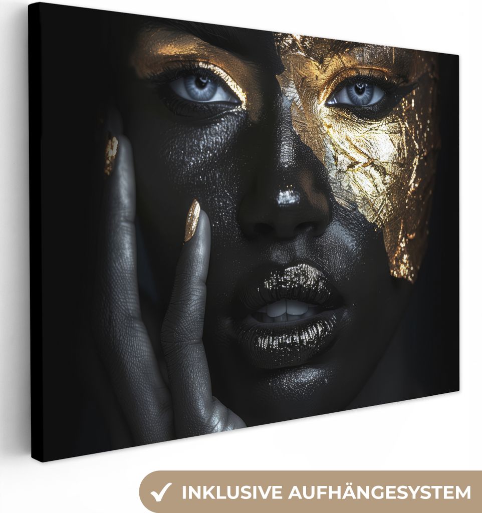 MuchoWow - Leinwandbilder - Frau - Gold - Porträt - Modern - Schwarz - Abstrakt, Wandbild, Wanddeko Bilder Wohnzimmer, 80x60 cm