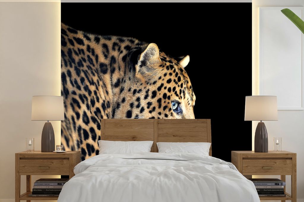 MuchoWow Fototapete für Wohnzimmer oder Schlafzimmer Wandtapete Vinyl Motivtapete Leopard - Tiere - Schwarz - 280x280 cm - Hintergrundbild