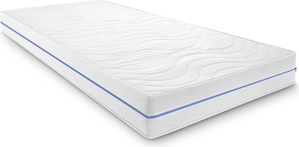 A white mattress with a blue stripe down the side, on a white background.