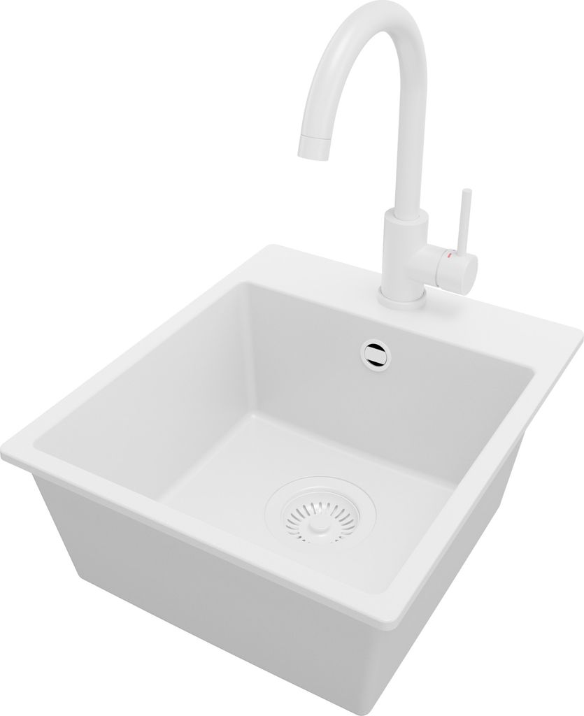 PRIMAGRAN Granitspüle Alles Weiß 38x44cm, Spülbecken 1 Becken + Küchenarmatur 32x20cm + Ablauf-Set, Küchenspüle ab 40er Unterschrank - Riga Easy
