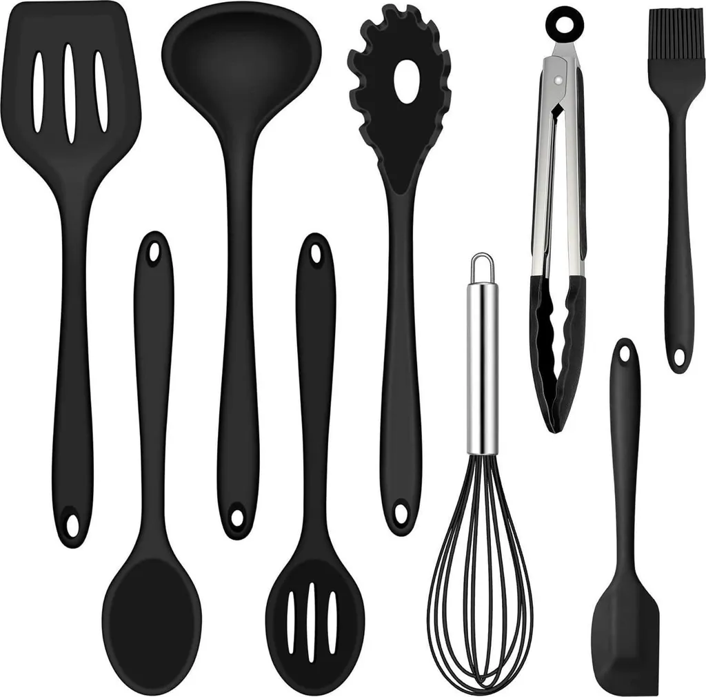 Set di utensili da cucina in silicone nero 9 pezzi antiaderente ergonomico