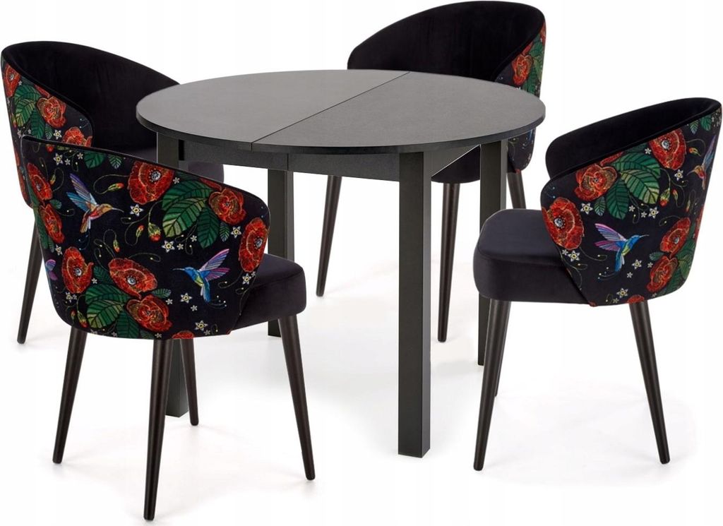 Esstisch mit 4 Stühlen - Runder Ausziehbarer Tisch - 102-142 cm Durchmesser - Aus Holz - 5-teiliges Set - Essgruppe - Sitzgruppe - Bunte Stühle