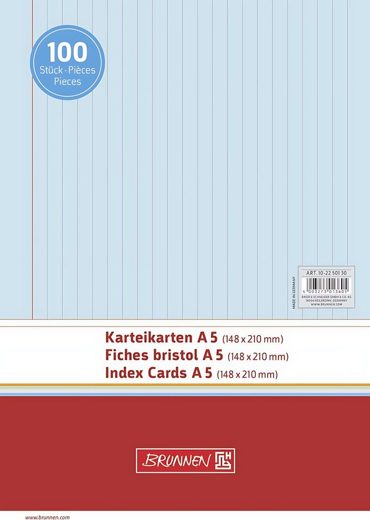 Brunnen Karteikarte DIN A5 quer liniert blau 100 St./Pack. Produktbild 