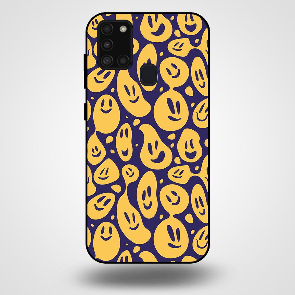 Smartphonica Handytasche für Samsung Galaxy A21s mit Smiley-Druck - TPU zurück Abdeckung Fall Emoji Design - lila gelb