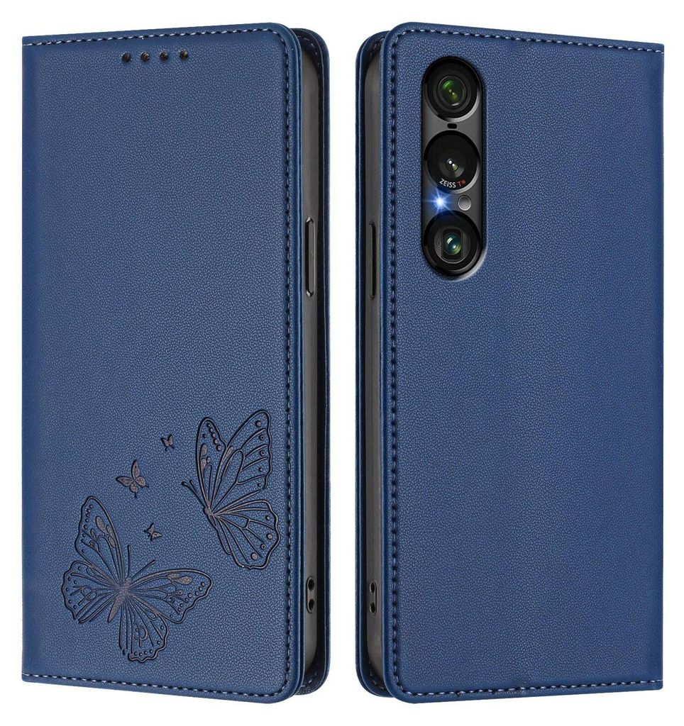 Lederhülle für Sony Xperia 1 VII, Schmetterling Prägung Leder Brieftasche Schutzhülle mit Ständer Dunkelblau