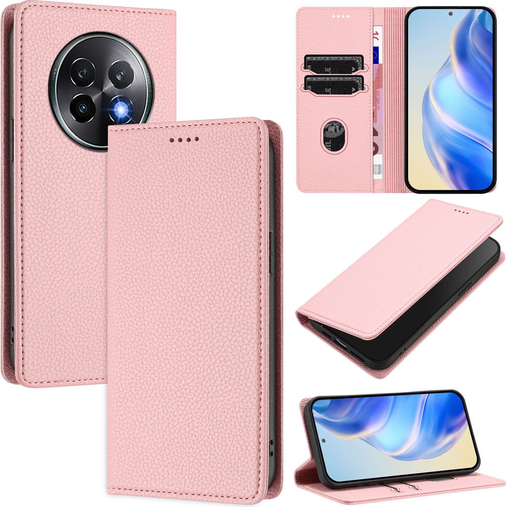 Litchi Leder Handyhülle für Realme 13+/Realme 13 Pro Wallet Kartenfächer Standfunktion Hülle Pink