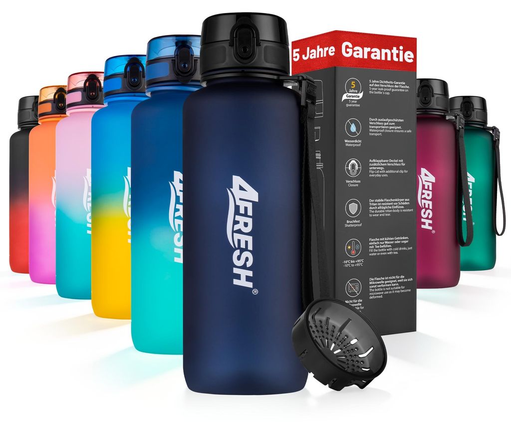 4FRESH Trinkflasche 500 ml aus Tritan – BPA-freie Wasserflasche mit Sieb, auslaufsicher, Sportflasche klein für Fitness, Schule & Alltag