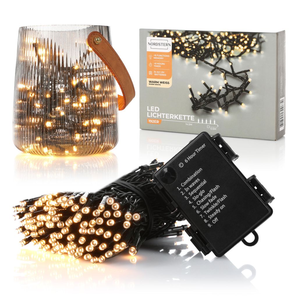 Nordstern LED Lichterkette Warmweiß 192LEDs - Beleuchtung für Innen & Außen 14,5m inkl. Timer und 8 Leuchtmodi Batteriebetrieben Weihnachtsbeleu...
