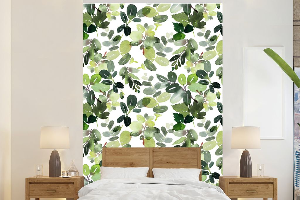 MuchoWow Fototapete für Wohnzimmer oder Schlafzimmer Wandtapete Vinyl Motivtapete Blätter - Aquarell - Weiß - 200x300 cm - Wanddekorationen