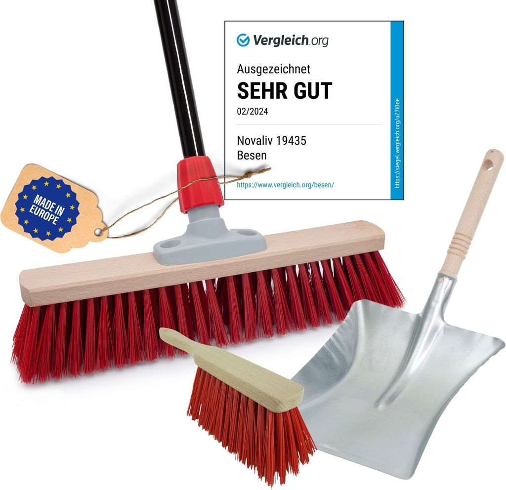 Novaliv Straßenbesen mit Stiel 40 cm Elaston Borsten inkl. Kehrgarnitur schwarz bestehend aus Kehrblech und Handfeger Ideal als Gartenbesen Terass...