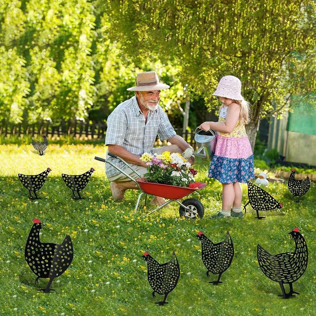 Statue de jardin poulet et poussin : lot de 5 ornements de pelouse