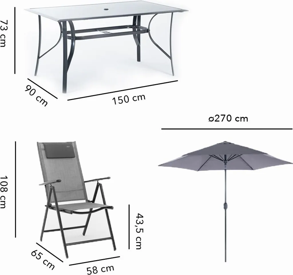 Ensemble repas de jardin avec table et 6 chaises réglables POSITANO