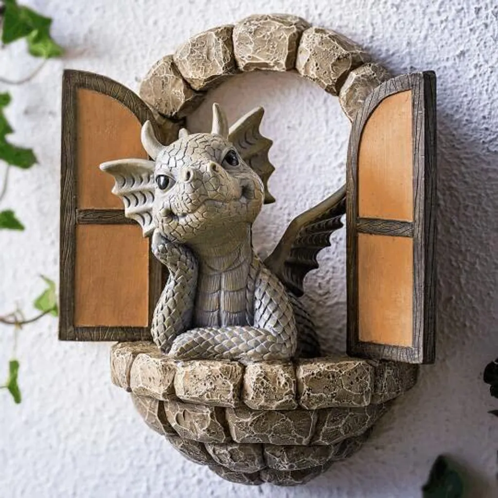 Statue dragon décoration murale en résine grise pour jardin et cour - 15cm