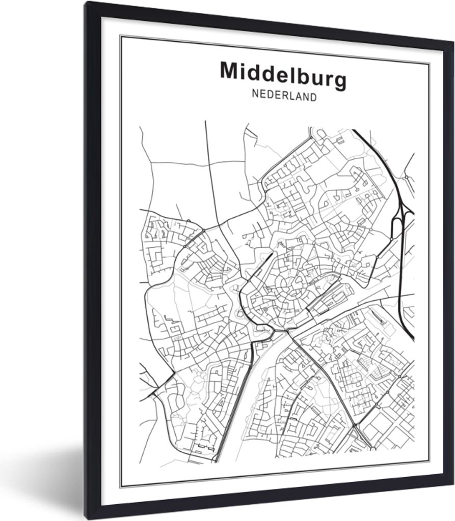 MuchoWow Gerahmtes Poster Stadtplan - Middelburg - Schwarz und weiß 30x40 cm - Poster mit Schwarzem Bilderrahmen Wandposter Rahmen Foto Bilder -...