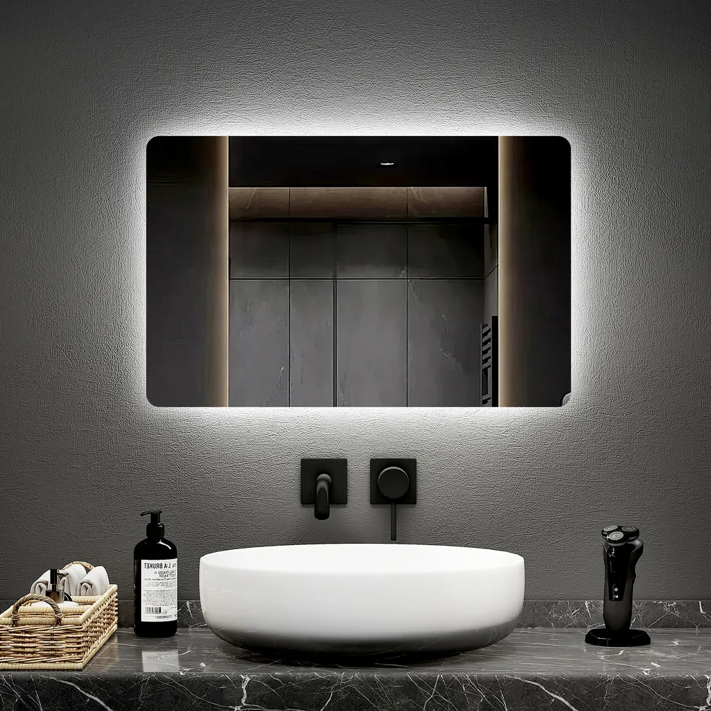 EMKE Specchio da bagno con illuminazione a LED Specchio da parete con interruttore a sfioramento e antiappannamento, 40x60cm Specchio da bagno con 2 colori di luce