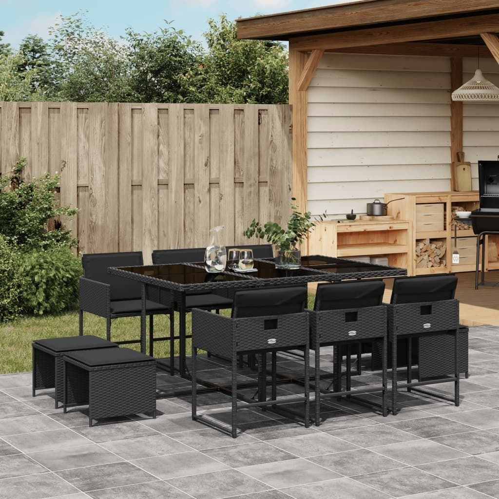 "Rabatt" 11-tlg. Garten-Essgruppe - mit tishe & Stuhl - mit Kissen Schwarz Poly Rattan - Lounge-Dining set CC9366