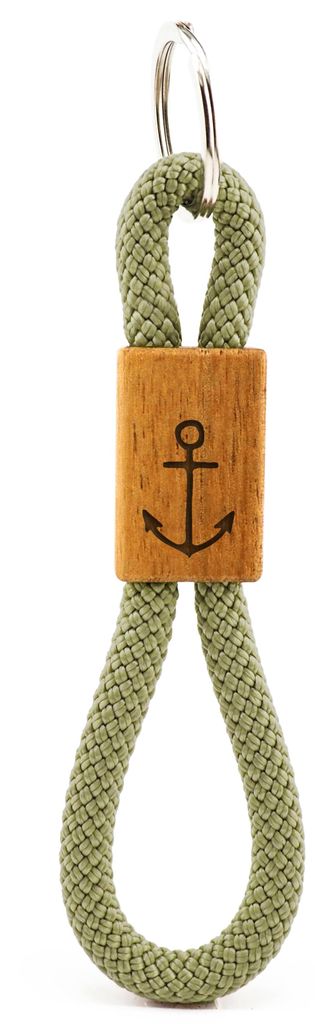 GIPFELWELLE Handgemachter Segeltau Schlüsselanhänger Holz mit Gravur, 6 mm Seil, Damen Herren, Anker, Salbei