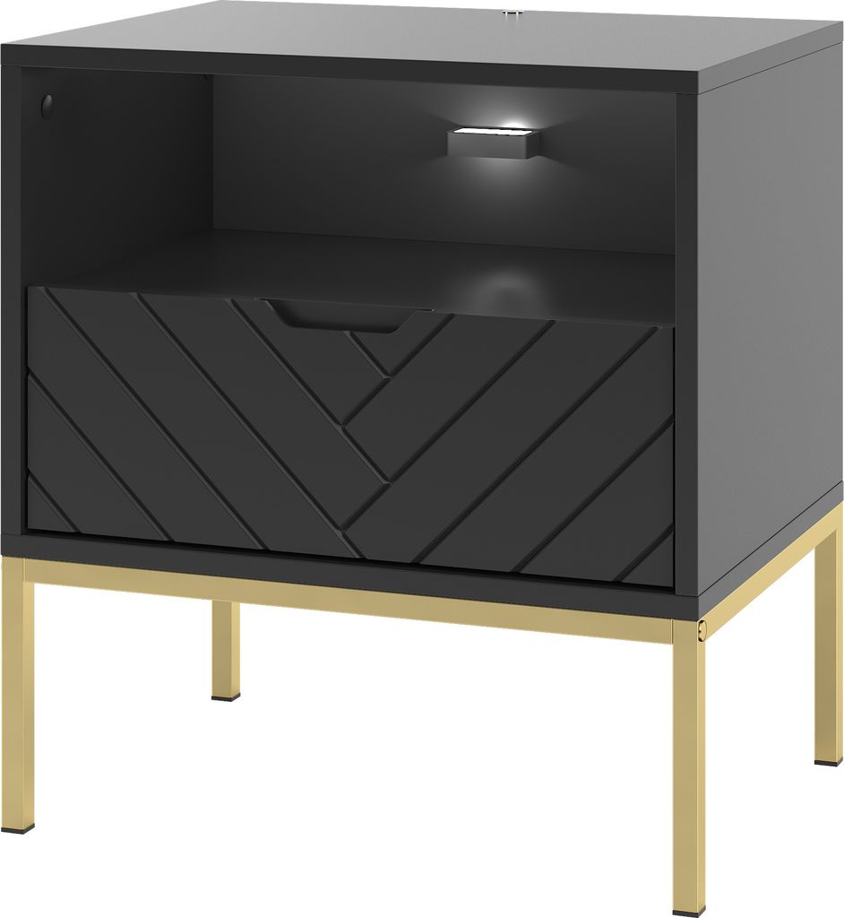 Nachttisch BRIZZI 04 Schwarz mit Gold Metallrahmen Nachtschrank mit Schubladen Kleine Schrank Schlafzimmer