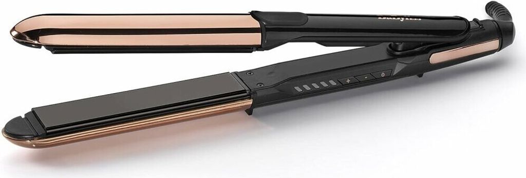 A black and rose gold hair straightener is shown against a white background.