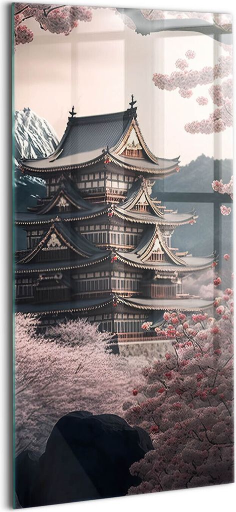 Designer Glasbild - Wandbild - Glas Bild - 70x140 cm - Asiatischer Turm Und Kirschblüten