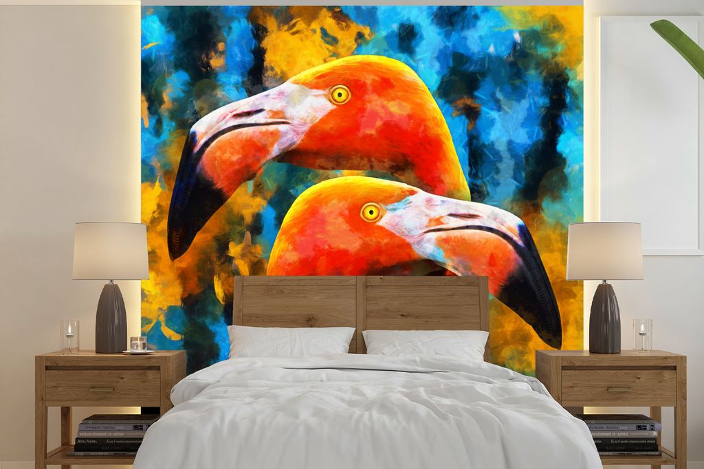 MuchoWow Fototapete für Wohnzimmer oder Schlafzimmer Wandtapete Vinyl Motivtapete Gemälde - Ölfarbe - Flamingo - 350x350 cm - Schlafzimmertapete