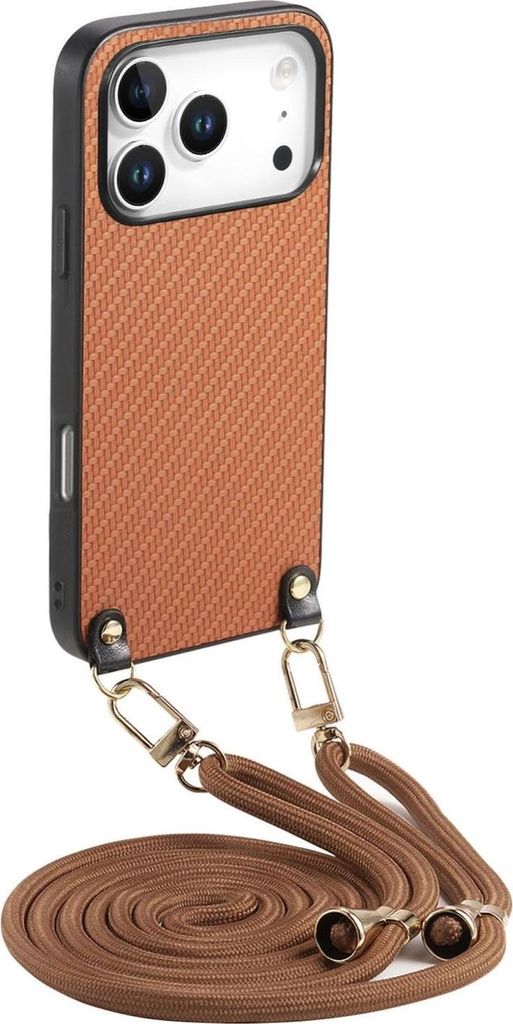 Carbon Textur Design Leder Hülle mit Umhängeband Braun für Apple iPhone 17 Pro