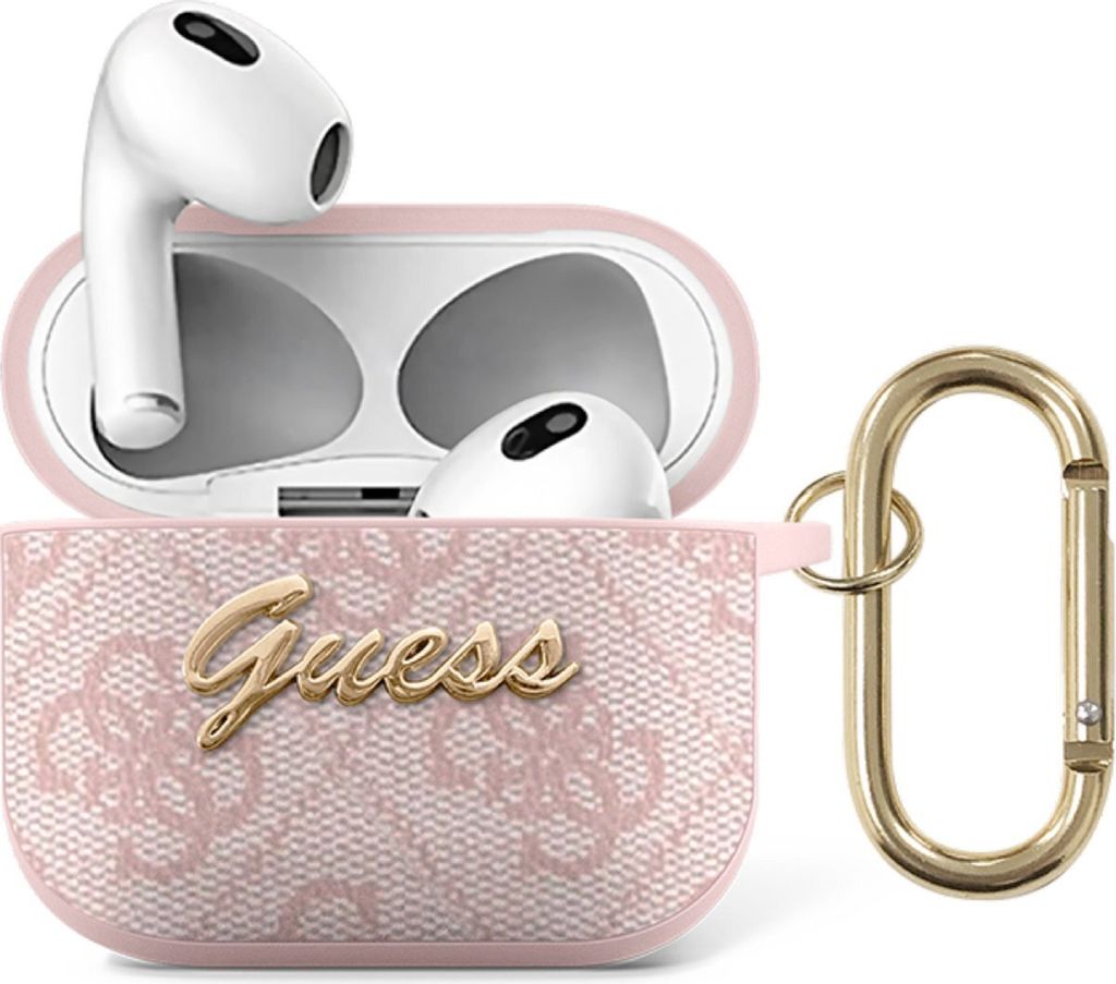 A pink AirPods 3 case with a gold Guess logo and a gold carabiner clip.