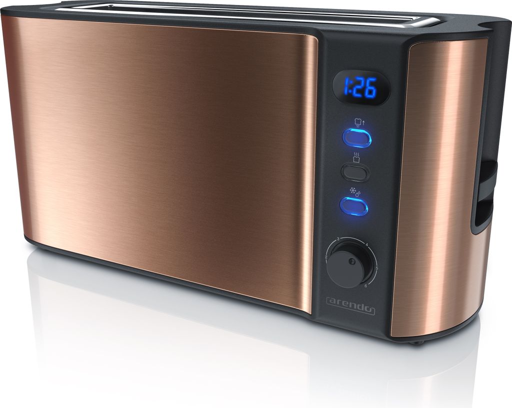 Arendo Toaster, 1 langer Schlitz, für 2 Scheiben, 1000 W, Langschlitz, Brötchenaufsatz, Wärmeisolierendes Gehäuse, Display, kupfer