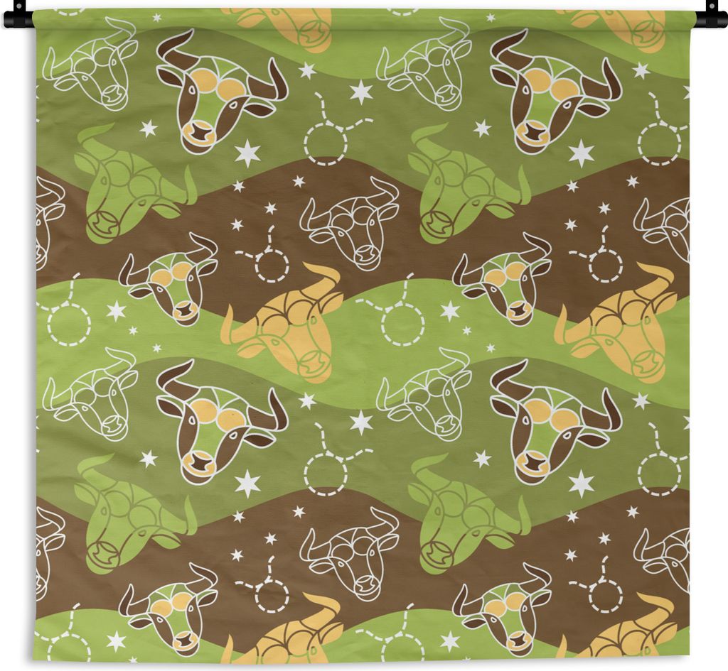 MuchoWow Wandteppich Wandbehang Stier - Tierkreiszeichen - Grün - Muster 150x150 cm Tapisserie Dekoration Wandtuch - Wohnaccessoires - Modernes