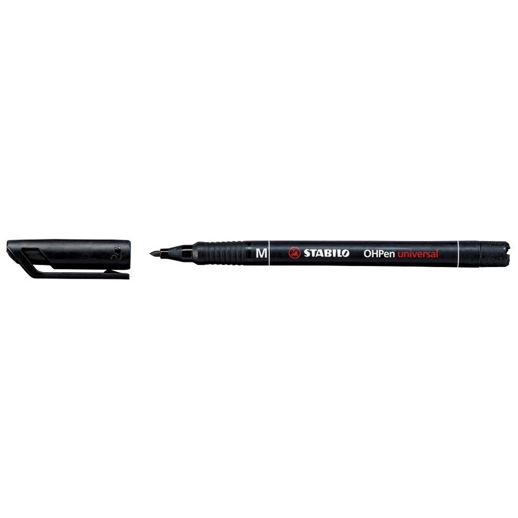 A black marker pen with its cap off, placed next to the cap on a white background.