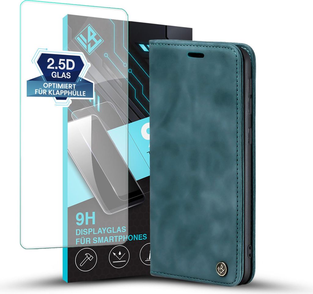 Handy Hülle für Xiaomi Redmi Note 14 mit 9H Displayglas Klapphülle Bookcase Flip Cover Handy Tasche Etui Farbe: Petrol