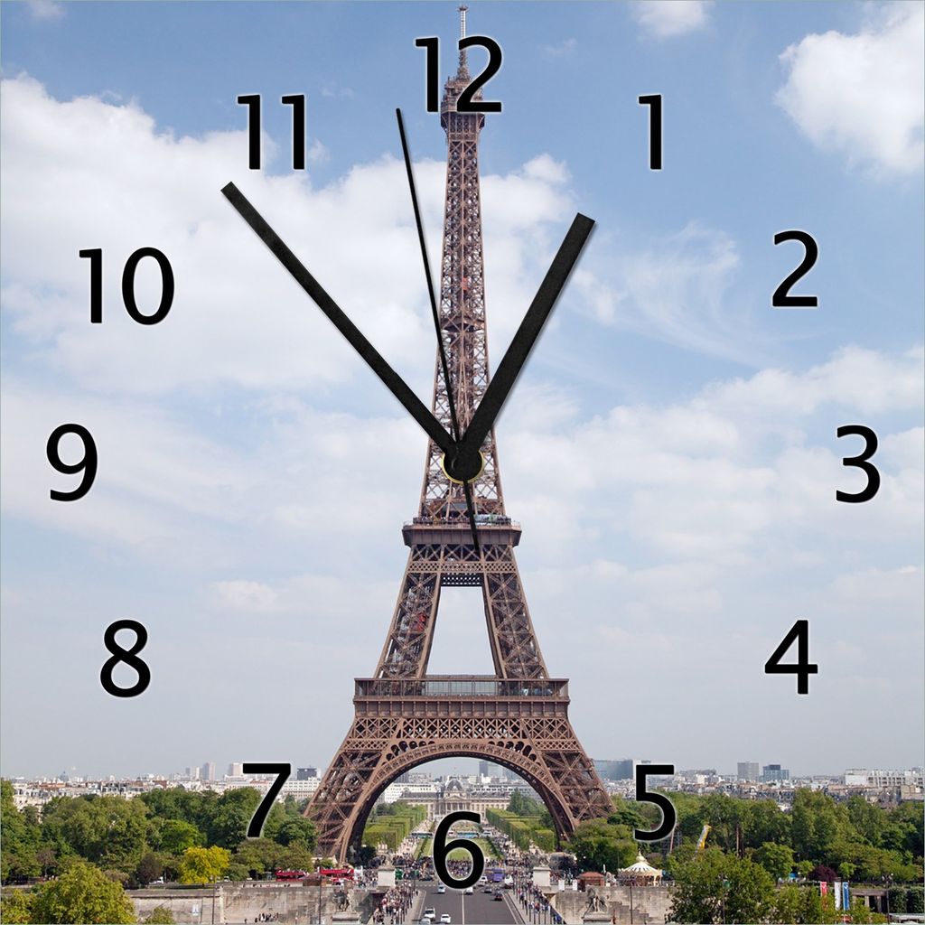 Wallario Design Wanduhr Eiffelturm in Paris aus Echtglas, Größe 30 x 30 cm