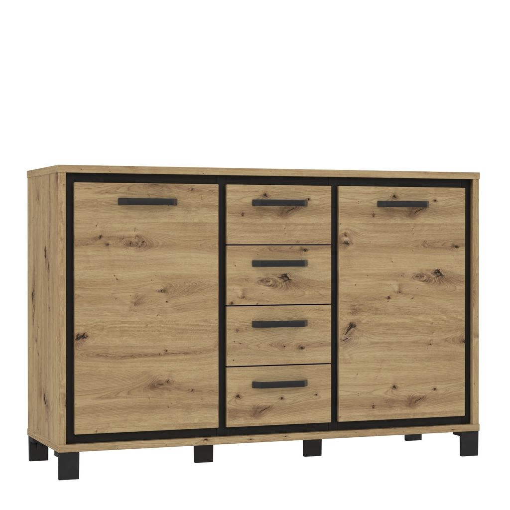 Kommode - 139 x 92 cm - 2 Türen - 4 Schubladen Artisan Eiche Nachbildung - Schwarz