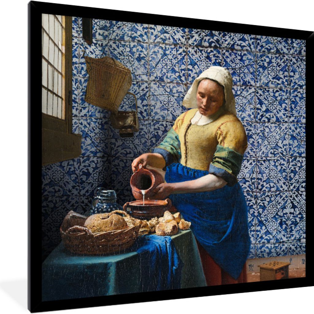 MuchoWow Gerahmtes Poster Milchmädchen - Delfter Blau - Vermeer - Gemälde - Alte Meister 40x40 cm - Poster mit Schwarzem Bilderrahmen Wandposte...