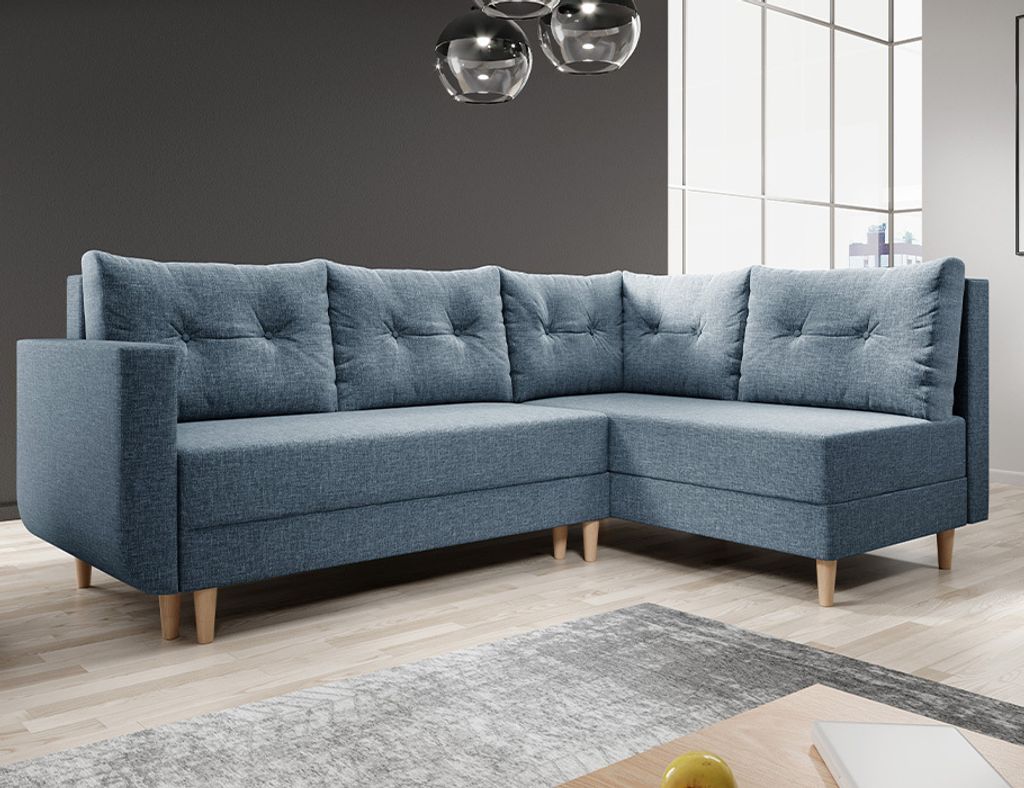 Easy4You Ecksofa Baldur L-Form Blau – 235x93x145 cm - Schlafsofa mit Bettkasten und Schlaffunktion - Eckcouch mit Stauraum, Holzfüße und Kissen...