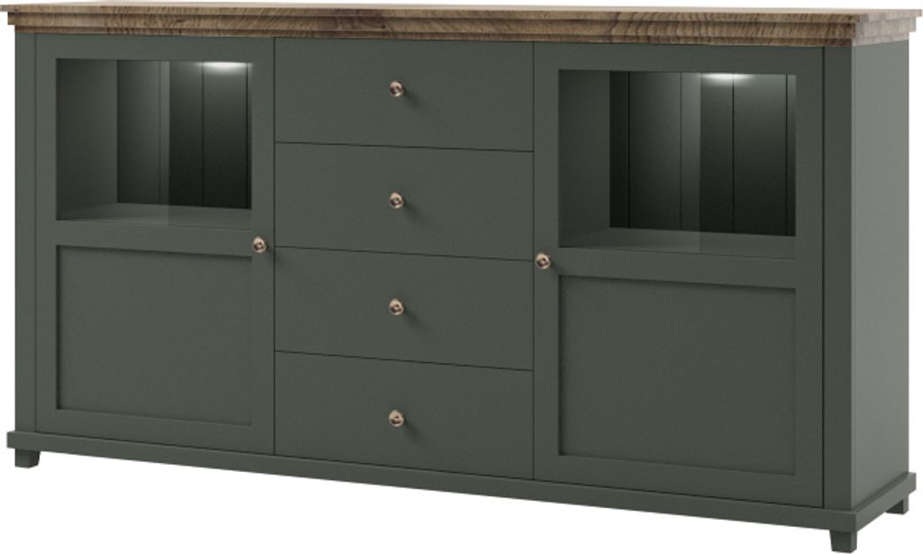 Kommode Sideboard Beistellkommode EVORI EV25 grün / eiche lefkas mit 2 Türen und 4 Schubladen 181 x 93 x 42cm