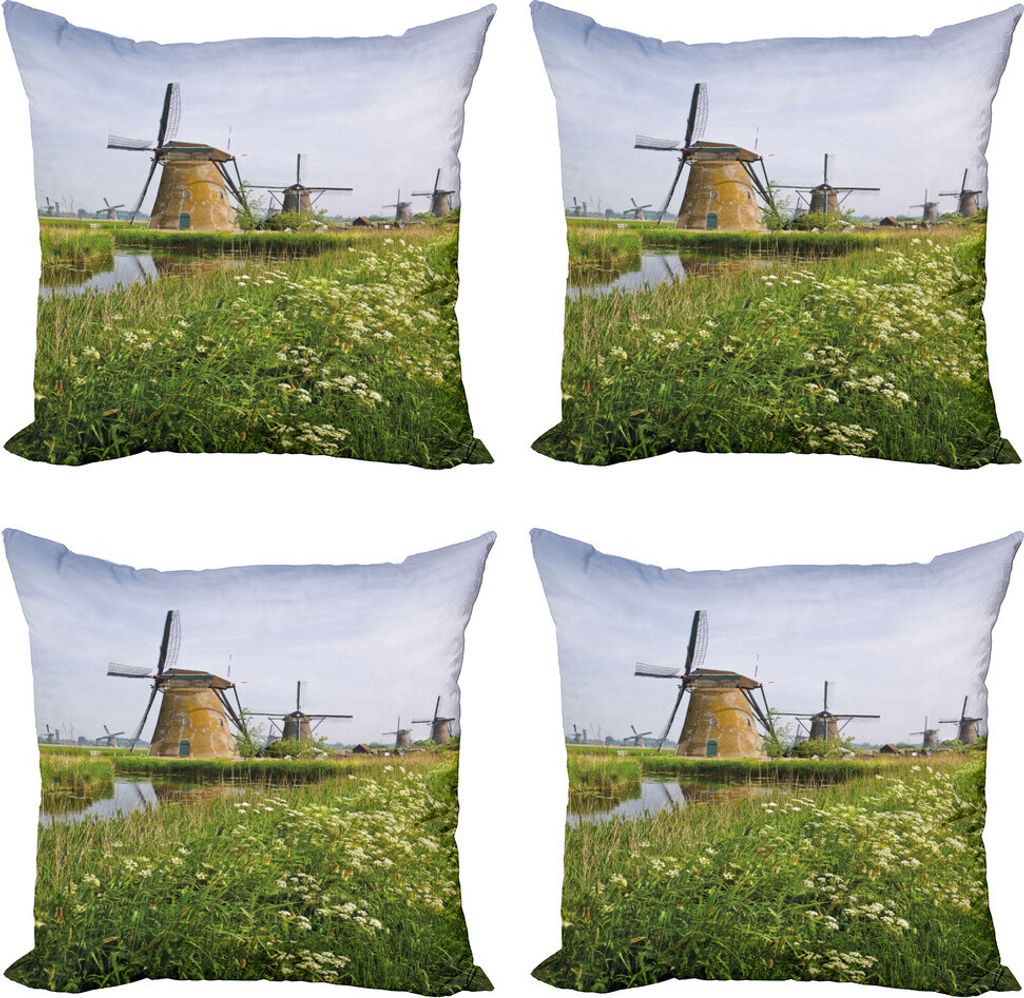 ABAKUHAUS Windmühle Kissenbezug Set (4 Stück), Frühling im Land, Moderner Doppelseitiger Digitaldruck, 40 cm x 40 cm, Pale Kaffee Blassblau