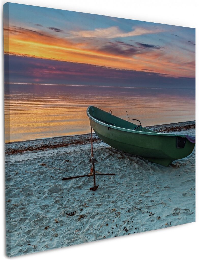 Wallario Premium Leinwandbild Einsames Fischerboot mit Anker am Strand in Größe 50 x 50 cm