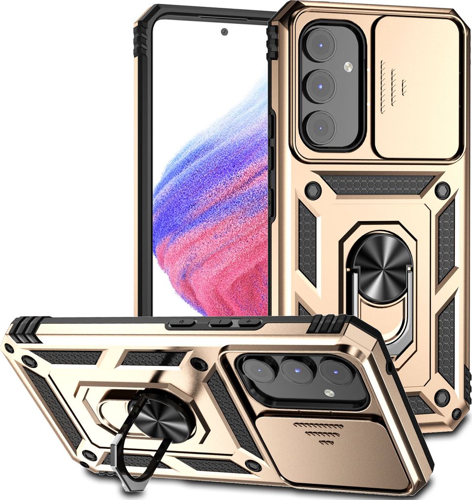 Galaxy A54 Hülle mit Schiebe Kamera Schutz und Ringhalter Ständer Schutzhülle für Samsung Galaxy A54 Gold