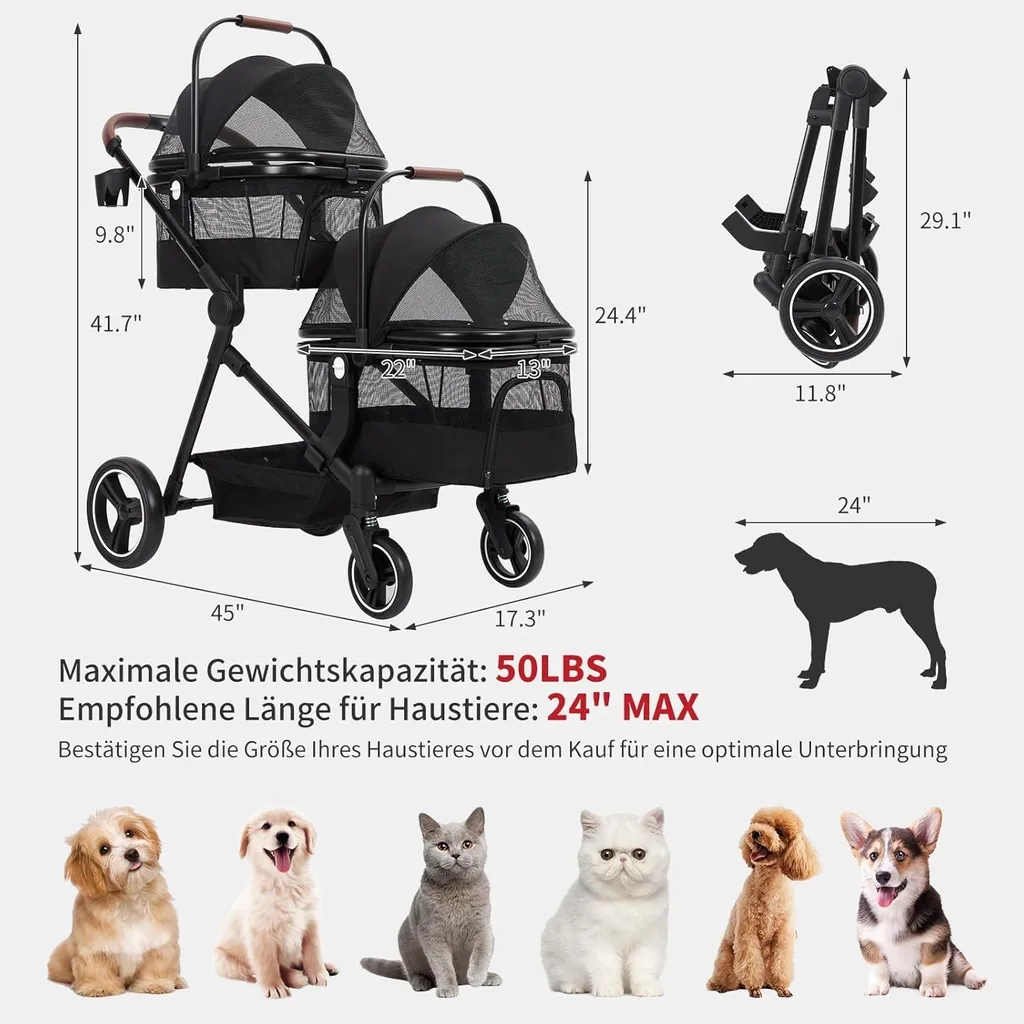 Chariot pour chien pliable compact noir avec sangles de sécurité fixes - 2