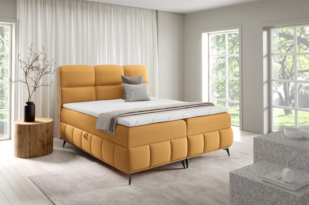 Boxspringbett Schlafzimmerbett CHARLIE PREMIUM 140x200cm Stoff Fibi Honiggelb