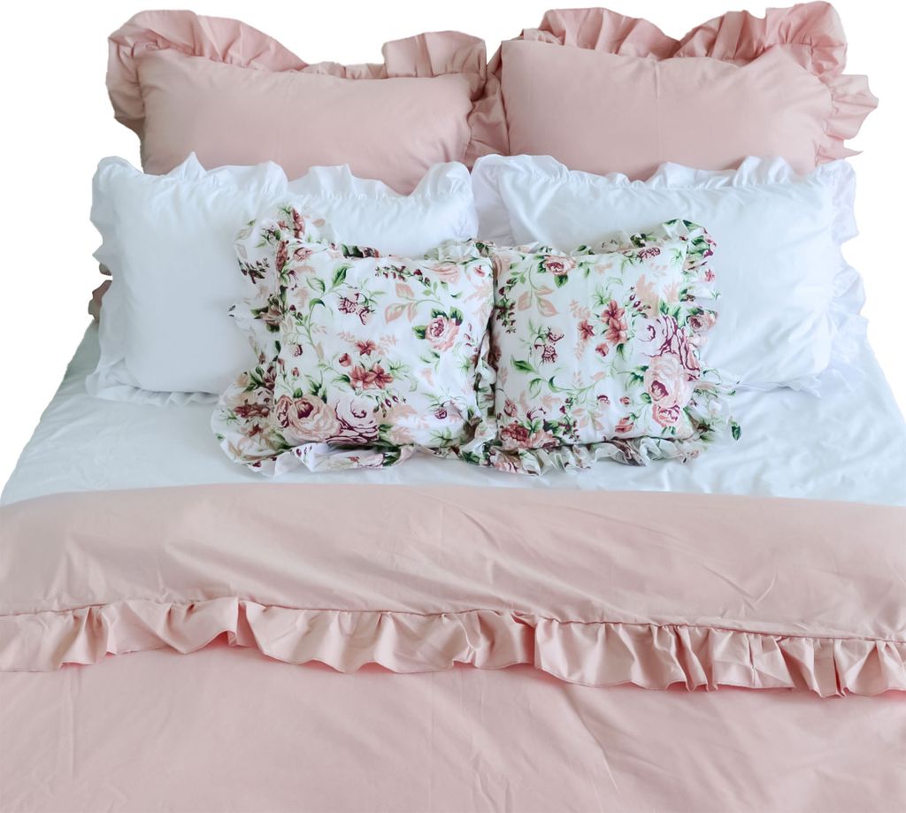 Baumwolle Bettwäsche Mit Rüschen Set Schlafzimmer Bettdeckenbezug 160X200 Cm + 6 Kissenbezüge Schmutziges Rosa Weiß Blumen