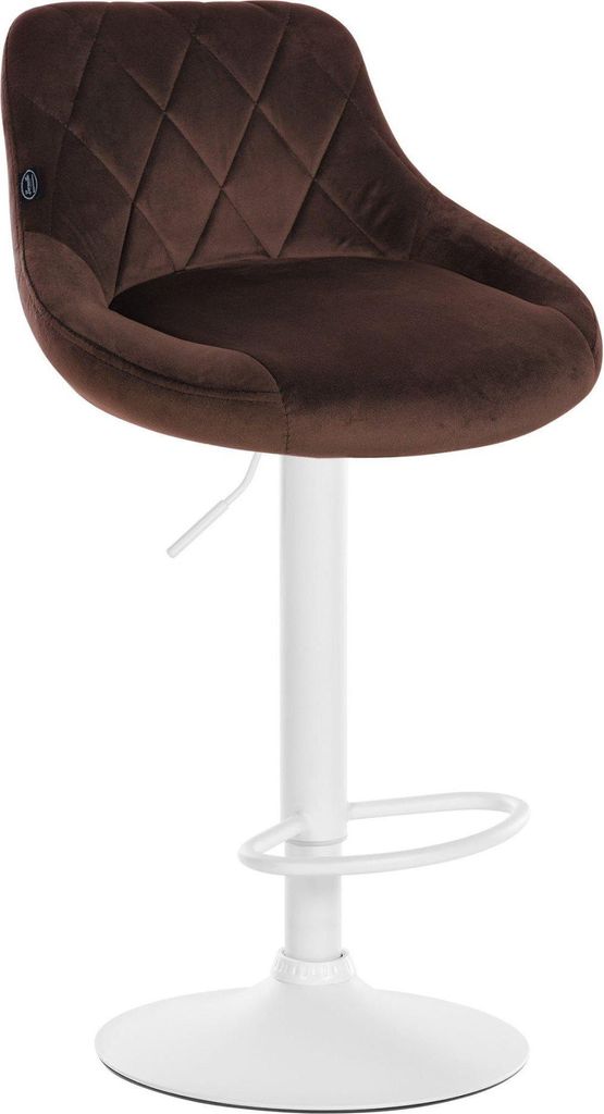 Samt-Barhocker – Eleganter Hocker – 360° drehbarer Sitz mit Gaslift und Fußstütze | Farbe: Braun | Grundfarbe: weiß