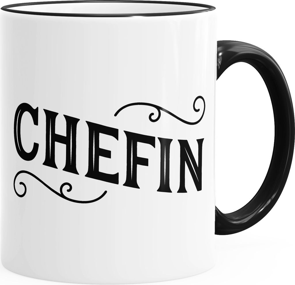 Kaffee-Tasse Chefin mit Farbkante und farbigem Henkel MoonWorks schwarz unisize