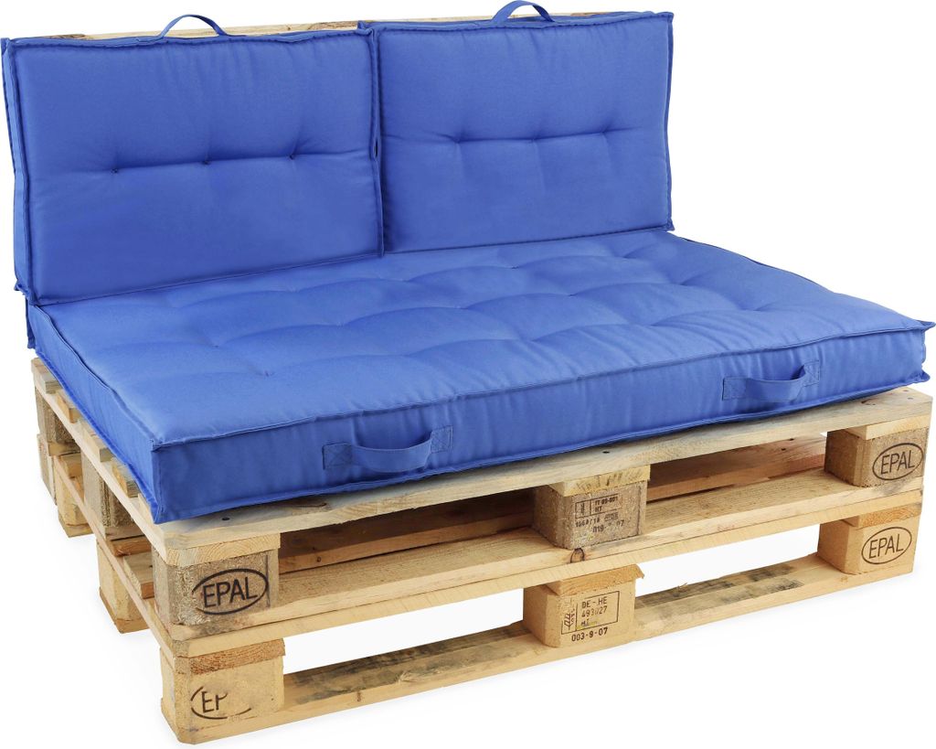 Packen Sie Gartenmöbel aus Paletten und blauen Kissen - Oviala Cuzco