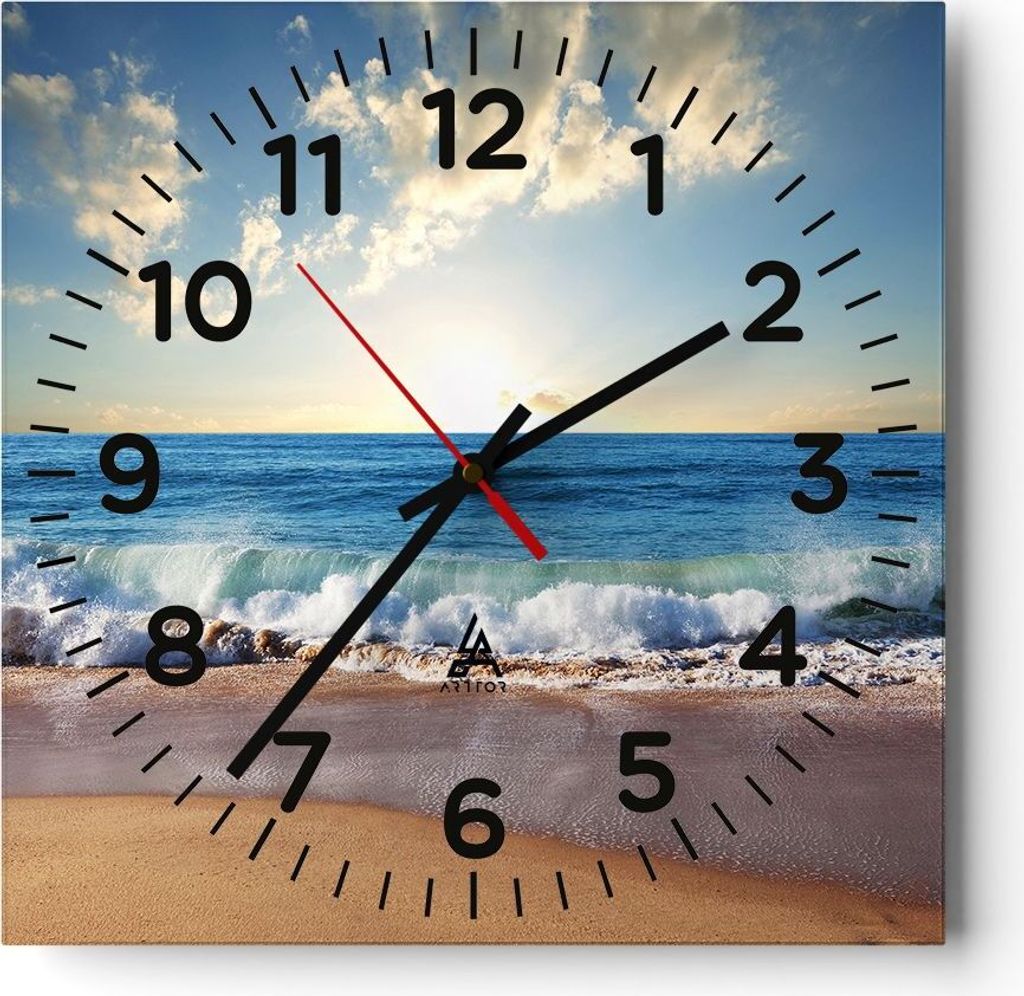 Wanduhr - Quadrat - Glasuhr - Meer Ufer Wasser - 40x40cm - Schleichendes Uhrwerk - Lautlos - zum Aufhängen bereit - Dekoration Modern - Wanddekora...